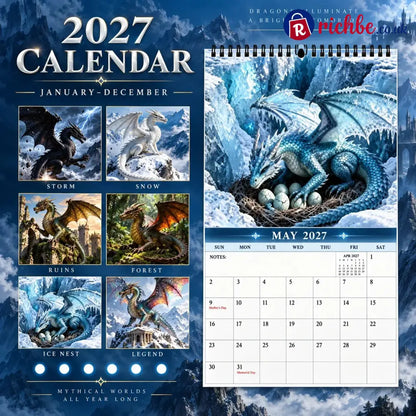 Dragons World 2027 Wall Calendar – 12-Month Epic Fantasy Dragon Calendar Mystical Legendary Art Hanging Planner for