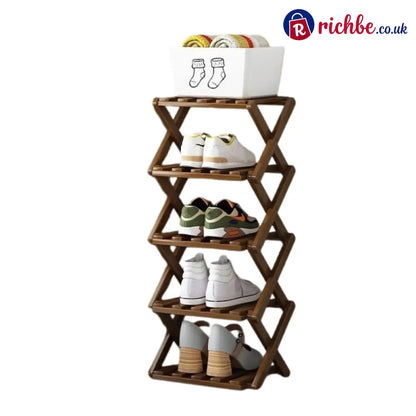 Durable Foldable Bamboo Shoe Rack - Brown / 5-Tier - Houseware & Kitchen