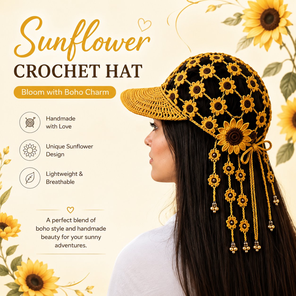 🌻 Knitted Sunflower Hollow-Out Baseball Cap