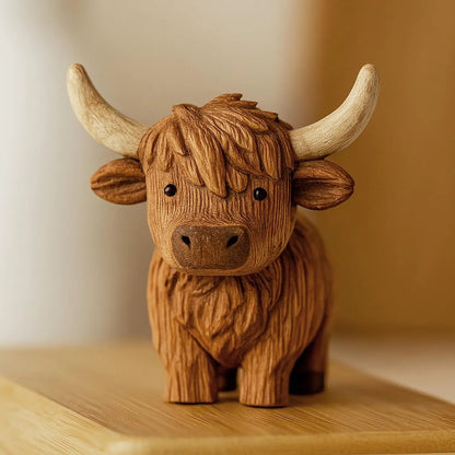 Hand Carving Wooden Highland Cow Figurine