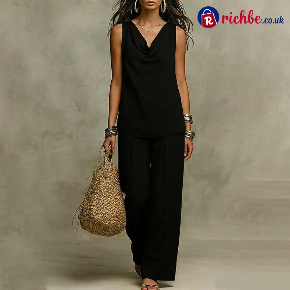 🌙 Elegant Cowl Neck Lounge Set – Soft knit & relaxed fit - Black / S - Clothing & Accessories