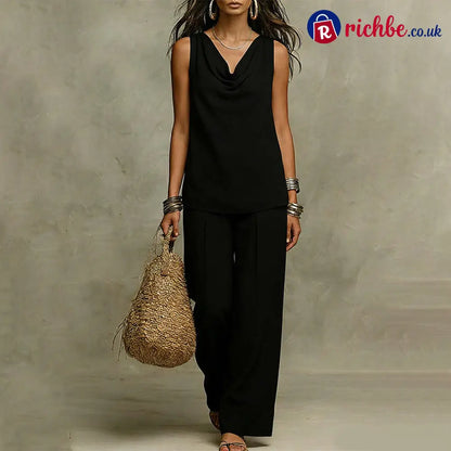 🌙 Elegant Cowl Neck Lounge Set – Soft knit & relaxed fit - Black / S - Clothing & Accessories