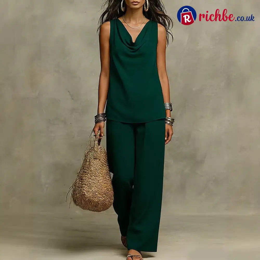 🌙 Elegant Cowl Neck Lounge Set – Soft knit & relaxed fit - Dark Green / S - Clothing & Accessories