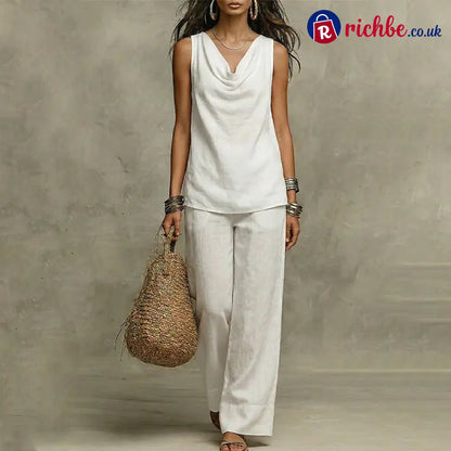 🌙 Elegant Cowl Neck Lounge Set – Soft knit & relaxed fit - White / S - Clothing & Accessories