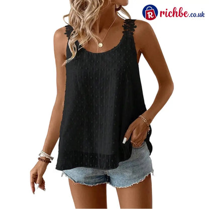 👗 Elegant Dot Lace Strap Tank Top 💕 - Black / S - Clothing & Accessories
