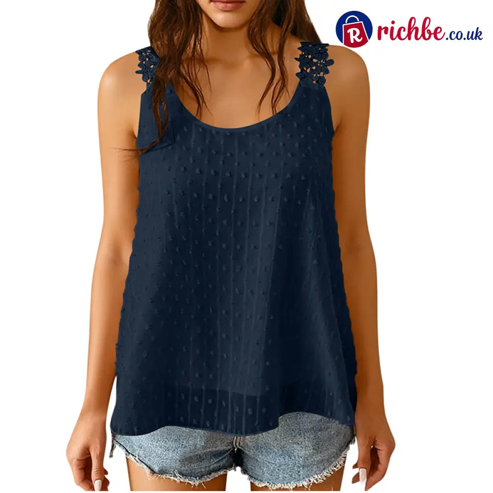 👗 Elegant Dot Lace Strap Tank Top 💕 - Dark Blue / S - Clothing & Accessories