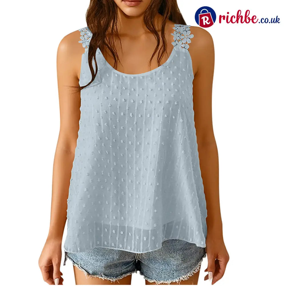 👗 Elegant Dot Lace Strap Tank Top 💕 - Light Blue / S - Clothing & Accessories
