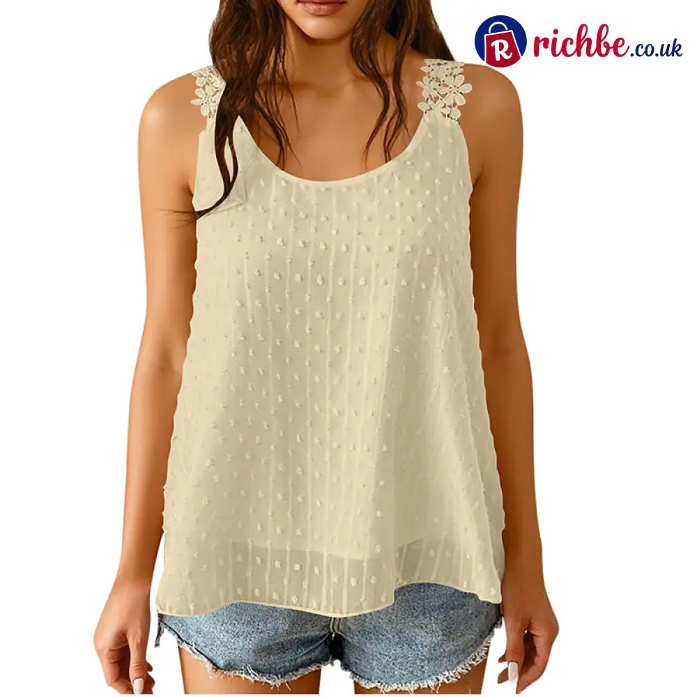 👗 Elegant Dot Lace Strap Tank Top 💕 - Off-white / S - Clothing & Accessories