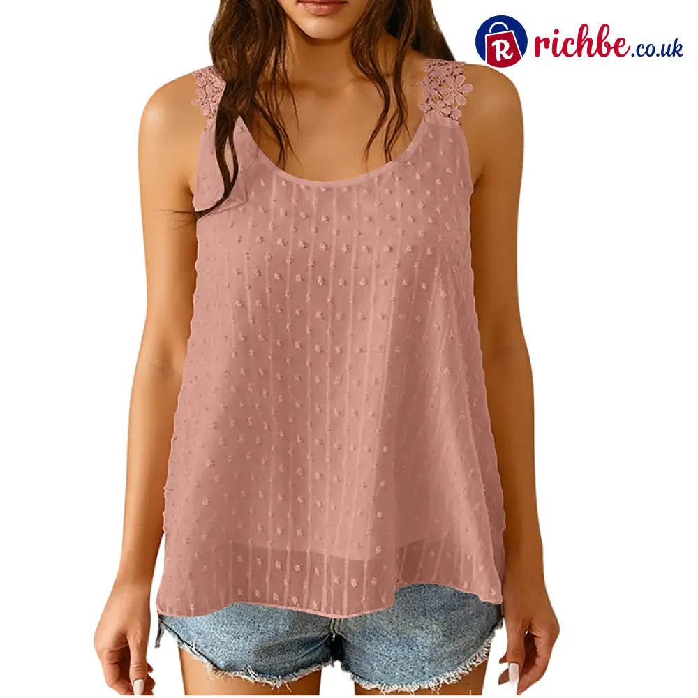 👗 Elegant Dot Lace Strap Tank Top 💕 - Pink / S - Clothing & Accessories