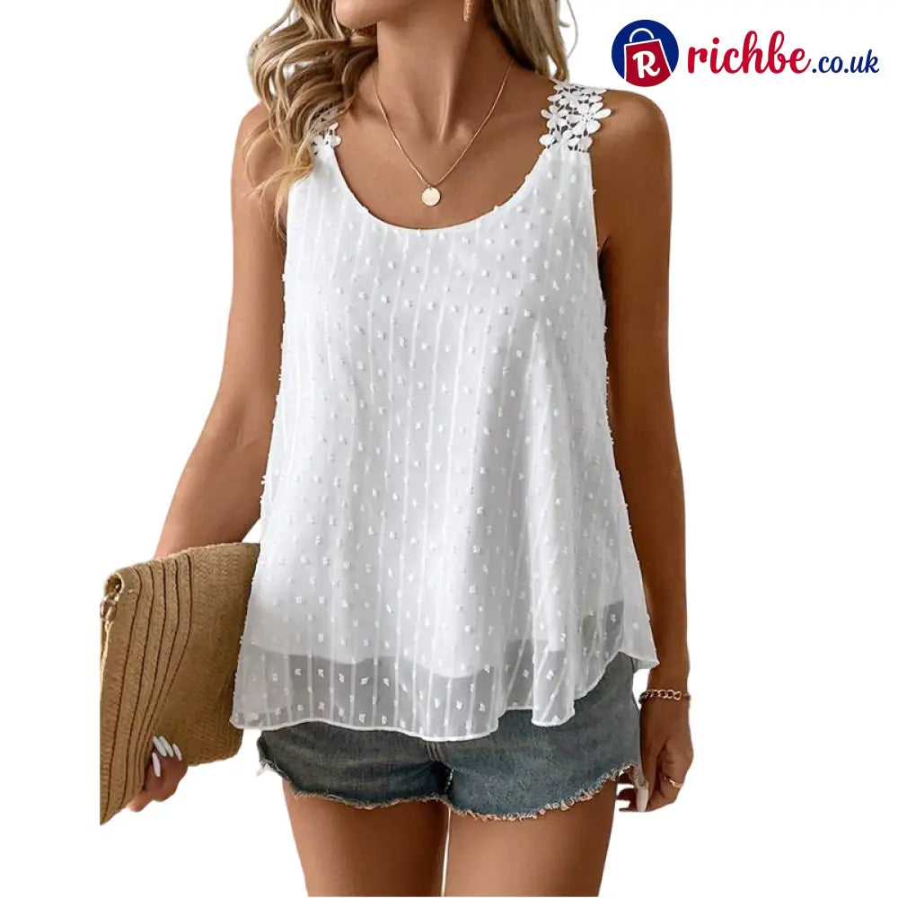 👗 Elegant Dot Lace Strap Tank Top 💕 - White / S - Clothing & Accessories