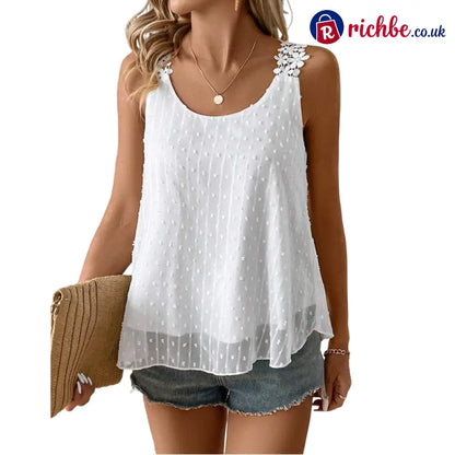 👗 Elegant Dot Lace Strap Tank Top 💕 - White / S - Clothing & Accessories