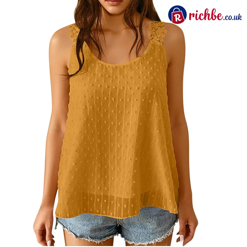 👗 Elegant Dot Lace Strap Tank Top 💕 - Yellow / S - Clothing & Accessories