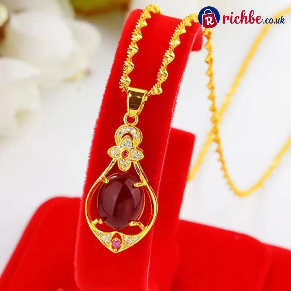 Elegant Four-Leaf Clover Teardrop Necklace - Red Pendant + Wave Chain / Get 1 - Clothing & Accessories