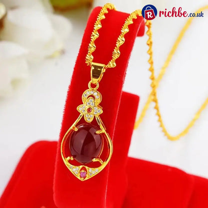 Elegant Four-Leaf Clover Teardrop Necklace - Red Pendant + Wave Chain / Get 1 - Clothing & Accessories