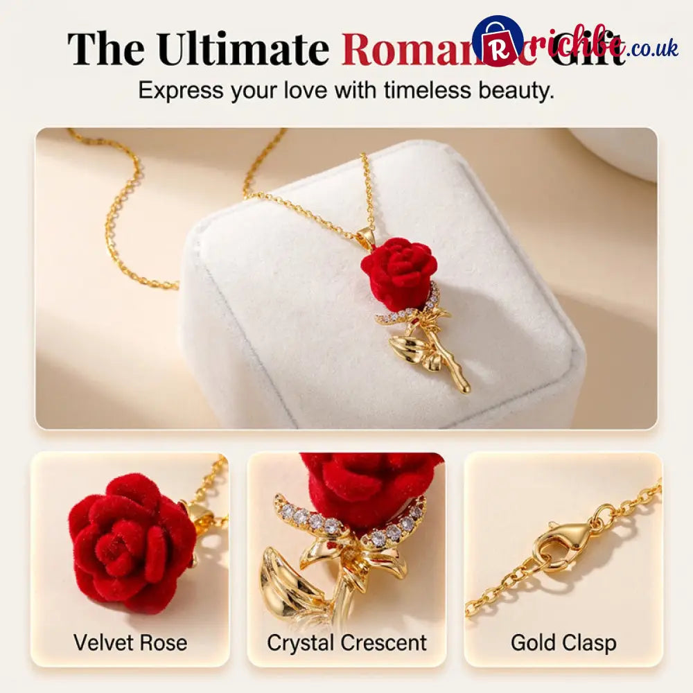 ✨ Elegant Red Rose Pendant Necklace – Velvet Bloom Crystal Accents Gold-Tone ✨ - Hot Products