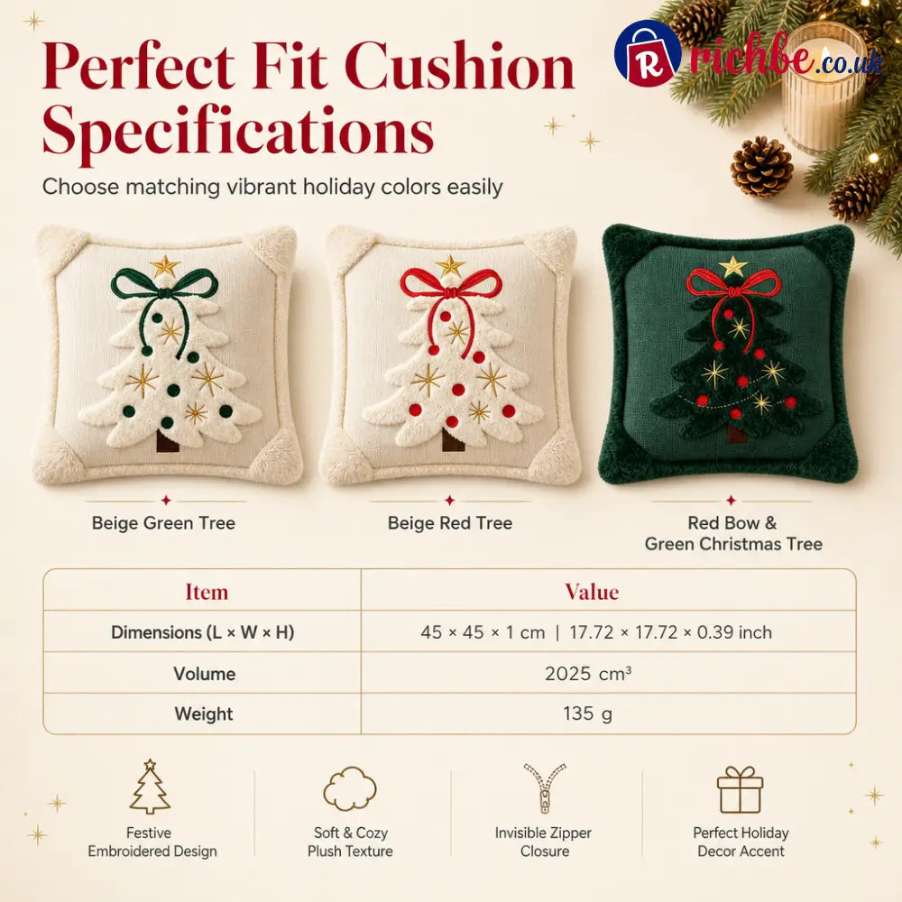 🎄 Embroidered Christmas Tree Throw Pillow Cover with Bow 45x45cm Decorative Cushion Cover for Living Room Sofa 🧸