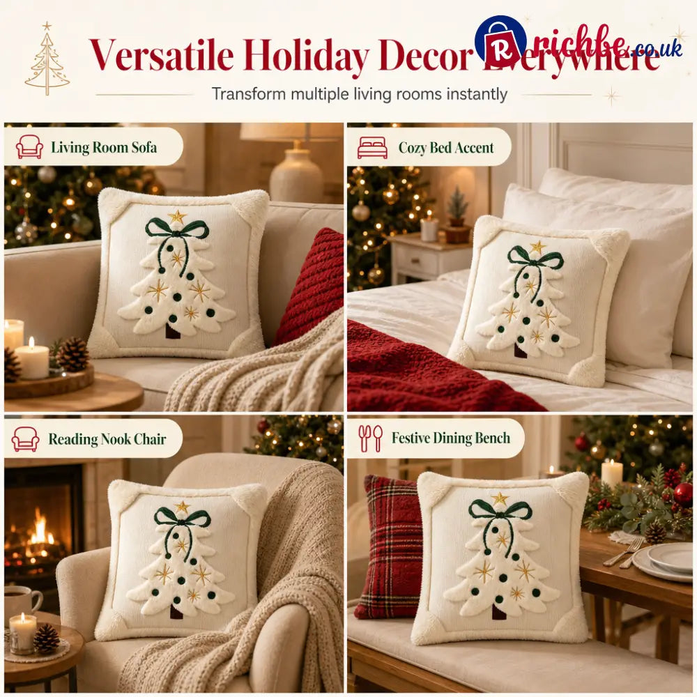 🎄 Embroidered Christmas Tree Throw Pillow Cover with Bow 45x45cm Decorative Cushion Cover for Living Room Sofa 🧸