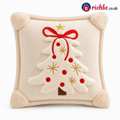 🎄 Embroidered Christmas Tree Throw Pillow Cover with Bow 45x45cm Decorative Cushion Cover for Living Room Sofa 🧸 - Red