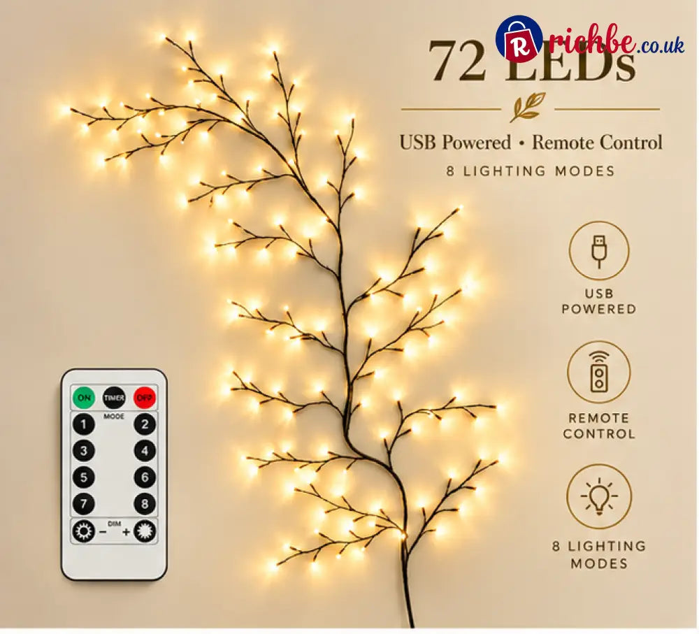 Enchanted Willow Vine Christmas Lights – 8 Lighting Modes & Warm White Glow - 5.2ft(1.6m) – 72 LEDs / 🌈8 Lighting Modes