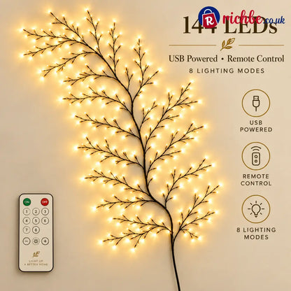 Enchanted Willow Vine Christmas Lights – 8 Lighting Modes & Warm White Glow - 7.5ft(2.3m) – 144 LEDs / 🌈8 Lighting