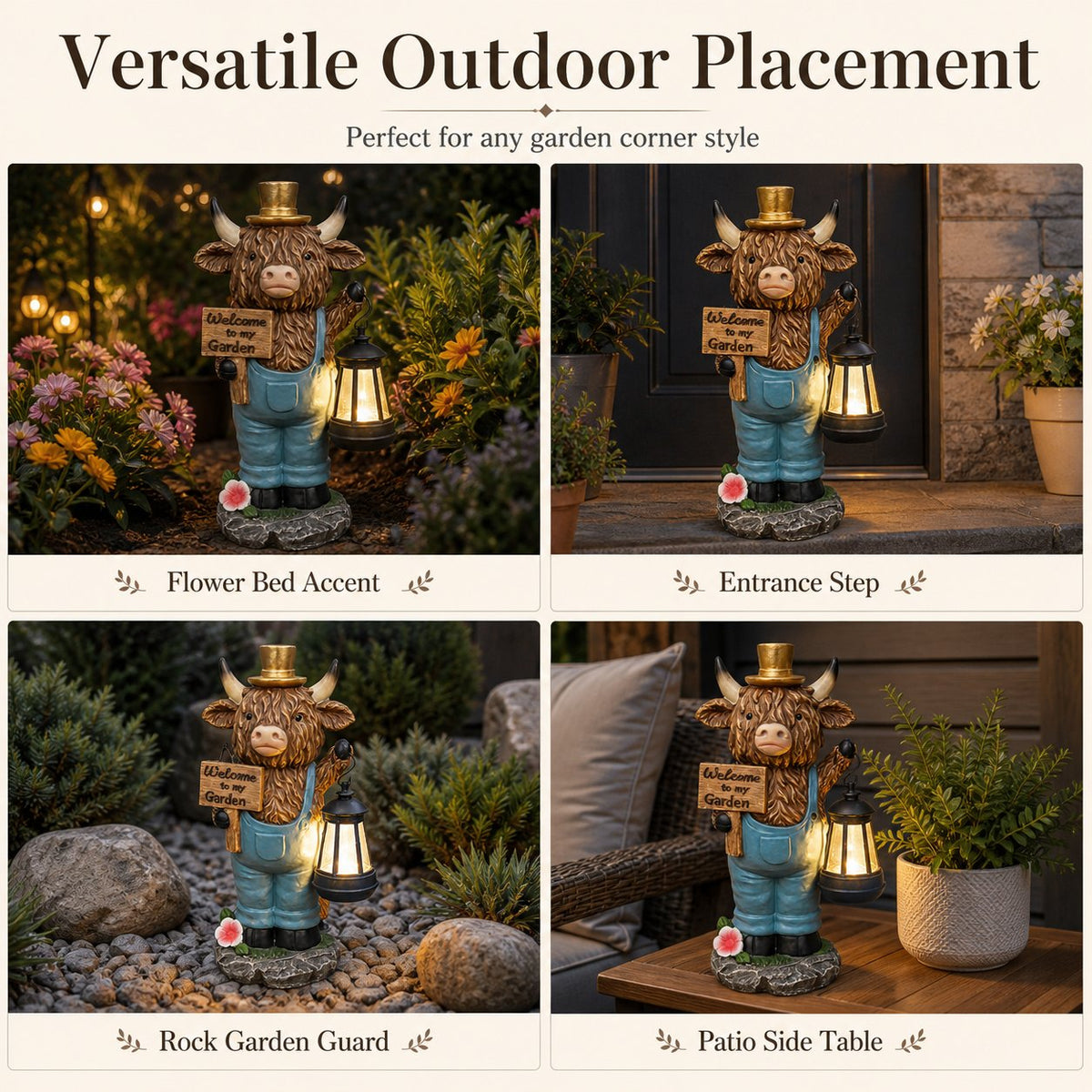 Highland Cow Garden Statue with Solar Lantern and Welcome Sign