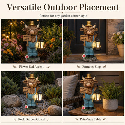 Highland Cow Garden Statue with Solar Lantern and Welcome Sign