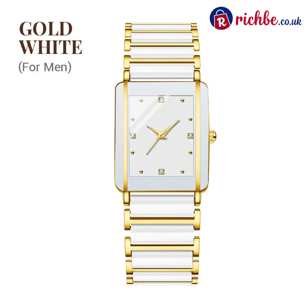 ⌚ Elegant Ceramic Band Watch, 3ATM Water Resistant Quartz Gift Box Included - For Men / Gold-White - Other