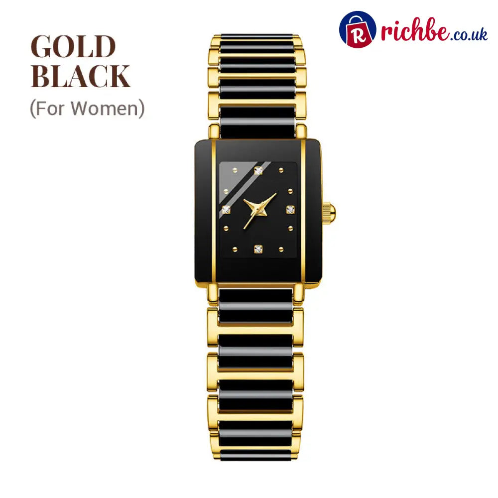 ⌚ Elegant Ceramic Band Watch, 3ATM Water Resistant Quartz Gift Box Included - For Women / Gold-Black - Other