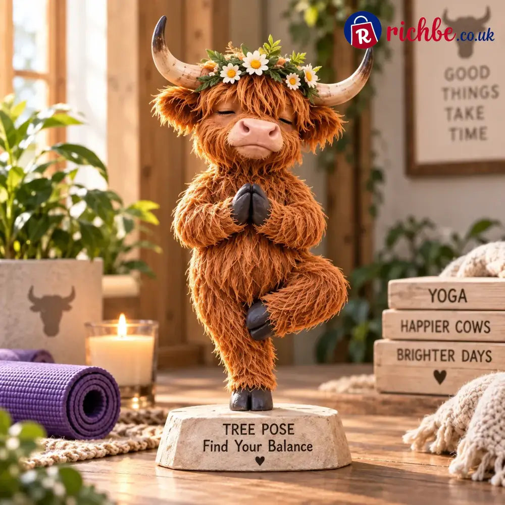 🧘 Find Your Balance – Highland Cow Yoga Figurine