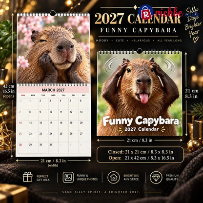Funny Capybara 2027 Wall Calendar – 12-Month Cute & Playful Capybara Calendar Spiral Hanging Wall Planner for Capybara