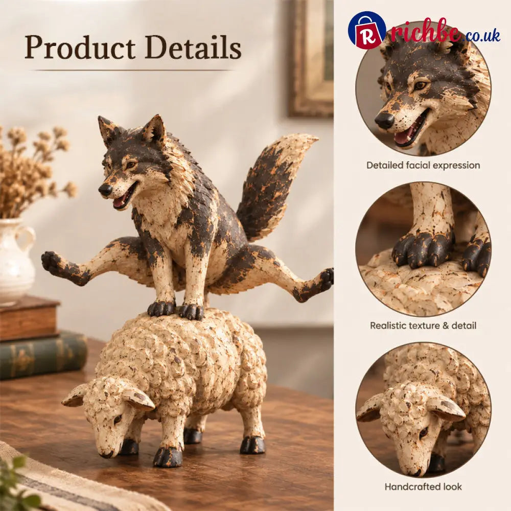 🐺Funny Wolf Riding a Sheep Figurine🐑 | Rustic Farmhouse Animal Statue - Houseware & Kitchen