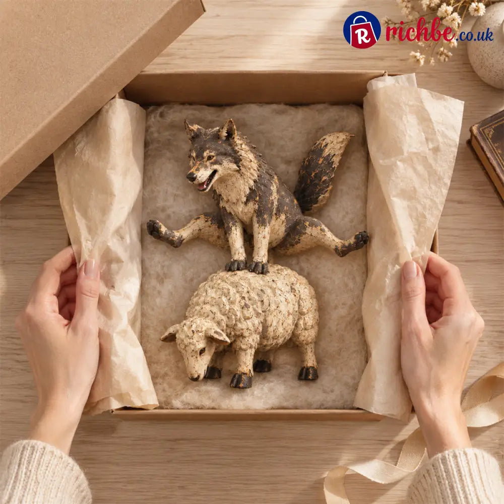 🐺Funny Wolf Riding a Sheep Figurine🐑 | Rustic Farmhouse Animal Statue - Houseware & Kitchen
