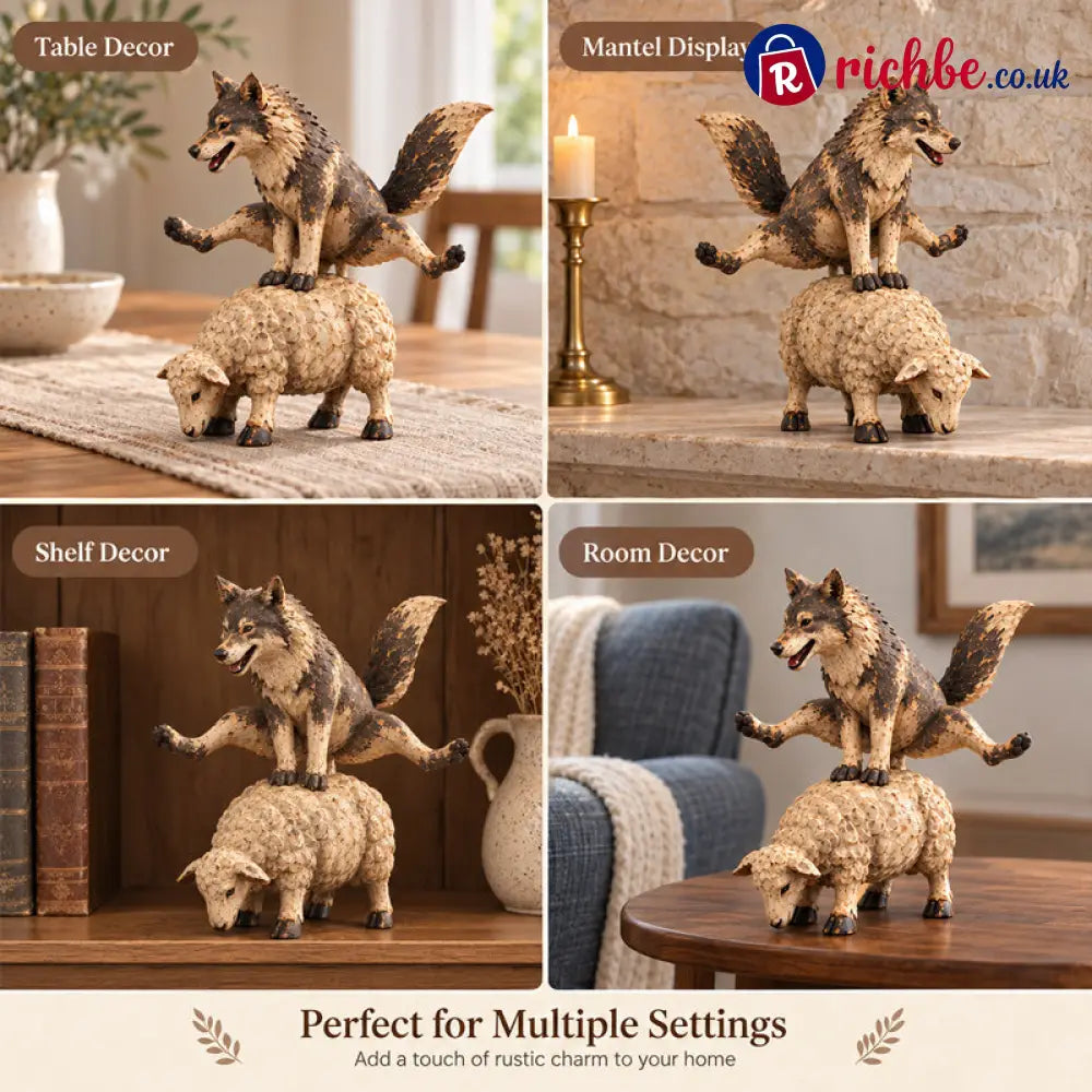 🐺Funny Wolf Riding a Sheep Figurine🐑 | Rustic Farmhouse Animal Statue - Houseware & Kitchen
