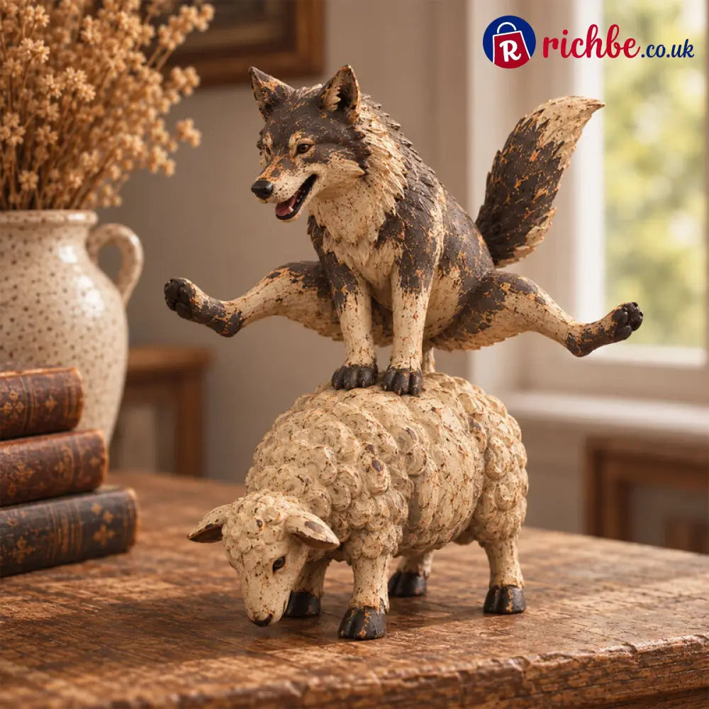 🐺Funny Wolf Riding a Sheep Figurine🐑 | Rustic Farmhouse Animal Statue - Houseware & Kitchen