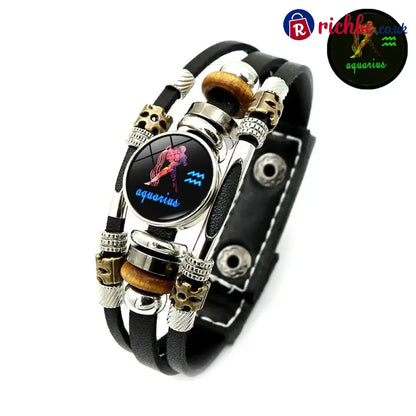 Glow-in-the-Dark 12 Leather Zodiac Bracelet for Men and Women(6.9/8.1in)