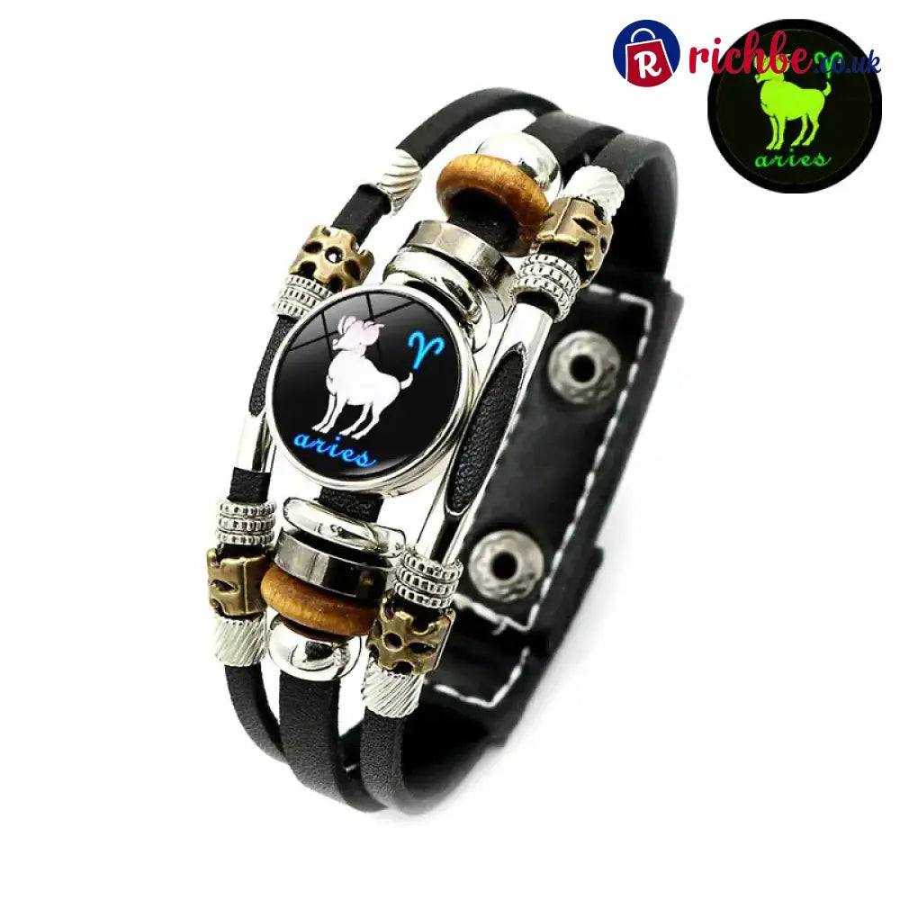 Glow-in-the-Dark 12 Leather Zodiac Bracelet for Men and Women(6.9/8.1in)
