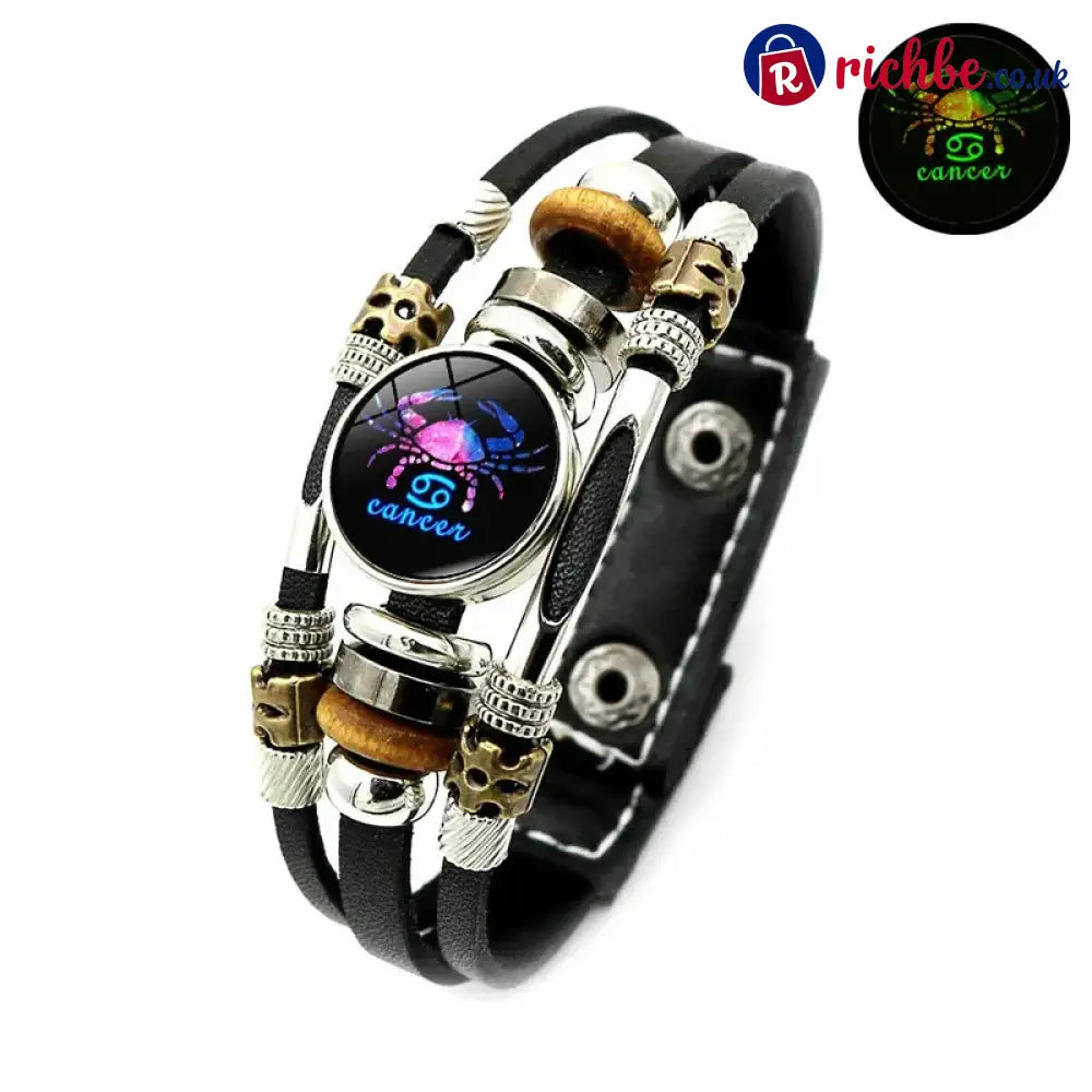 Glow-in-the-Dark 12 Leather Zodiac Bracelet for Men and Women(6.9/8.1in)