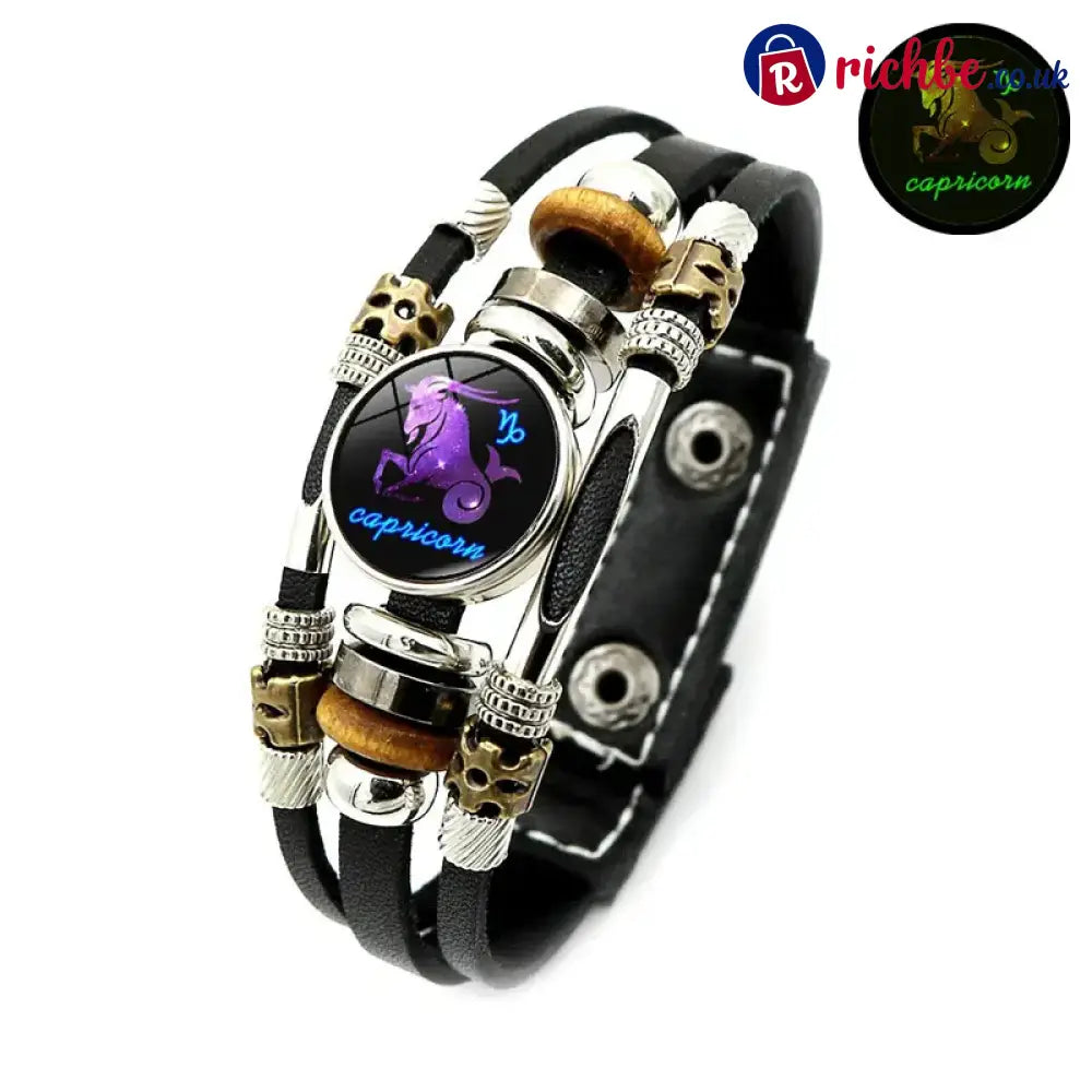 Glow-in-the-Dark 12 Leather Zodiac Bracelet for Men and Women(6.9/8.1in)