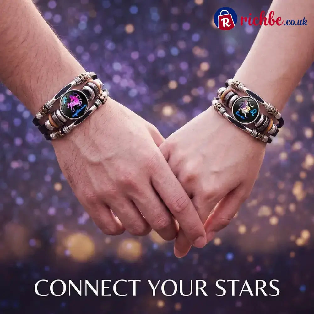 Glow-in-the-Dark 12 Leather Zodiac Bracelet for Men and Women(6.9/8.1in)