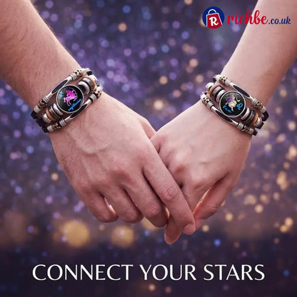 Glow-in-the-Dark 12 Leather Zodiac Bracelet for Men and Women(6.9/8.1in)