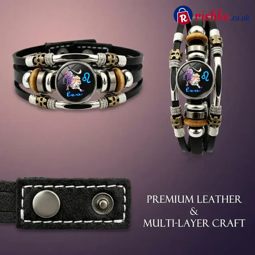 Glow-in-the-Dark 12 Leather Zodiac Bracelet for Men and Women(6.9/8.1in)