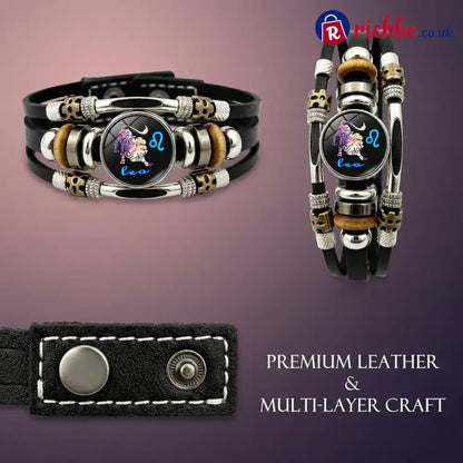 Glow-in-the-Dark 12 Leather Zodiac Bracelet for Men and Women(6.9/8.1in)