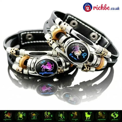 Glow-in-the-Dark 12 Leather Zodiac Bracelet for Men and Women(6.9/8.1in)