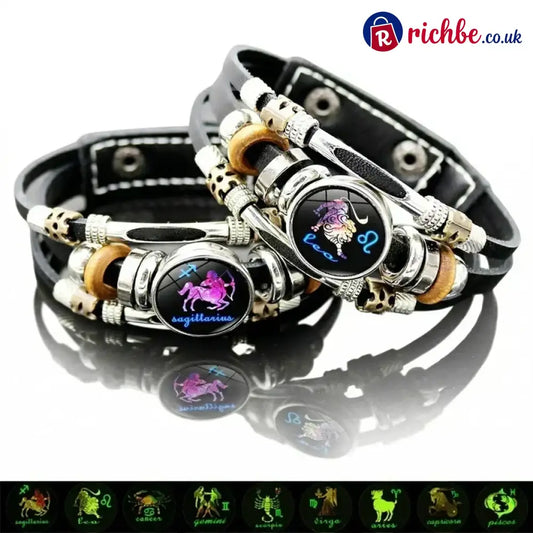 Glow-in-the-Dark 12 Leather Zodiac Bracelet for Men and Women(6.9/8.1in)