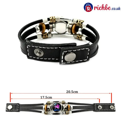 Glow-in-the-Dark 12 Leather Zodiac Bracelet for Men and Women(6.9/8.1in)