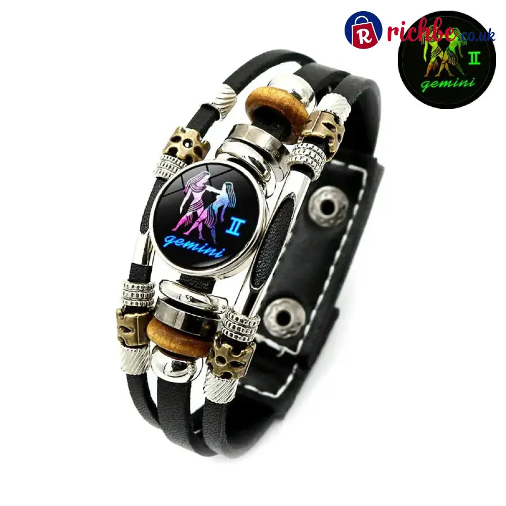 Glow-in-the-Dark 12 Leather Zodiac Bracelet for Men and Women(6.9/8.1in)