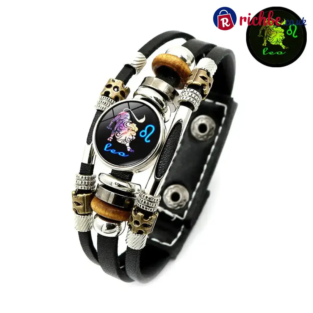Glow-in-the-Dark 12 Leather Zodiac Bracelet for Men and Women(6.9/8.1in)
