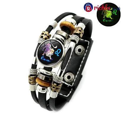 Glow-in-the-Dark 12 Leather Zodiac Bracelet for Men and Women(6.9/8.1in)