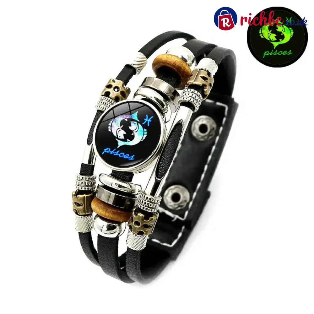 Glow-in-the-Dark 12 Leather Zodiac Bracelet for Men and Women(6.9/8.1in)