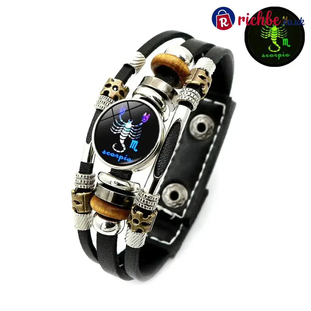 Glow-in-the-Dark 12 Leather Zodiac Bracelet for Men and Women(6.9/8.1in)